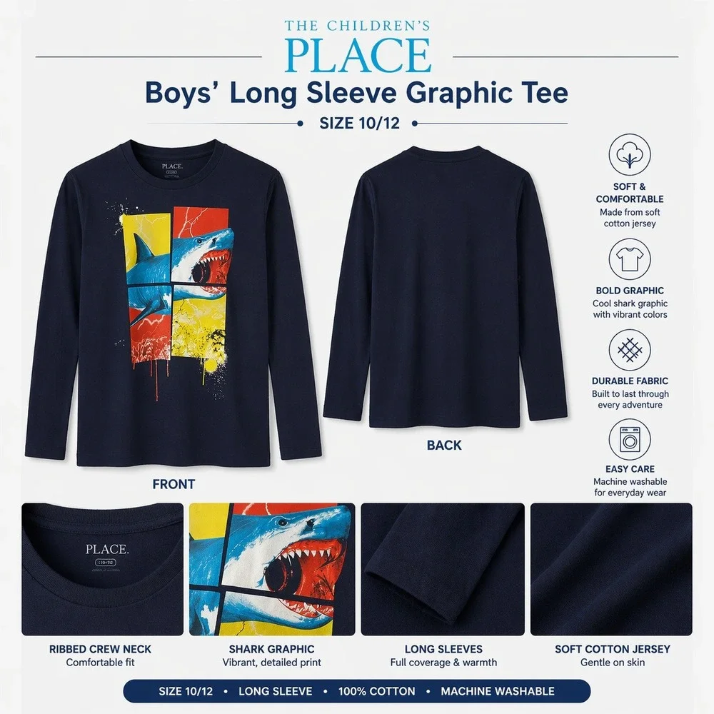 The Childrens Place Boys Navy Shark Graphic Long Sleeve Tee Shirt Size L 10/12‎
